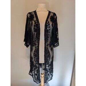 Black Lace Sheer Floral Kimono Cardigan L-XL Whimsigoth Witchy Romantic